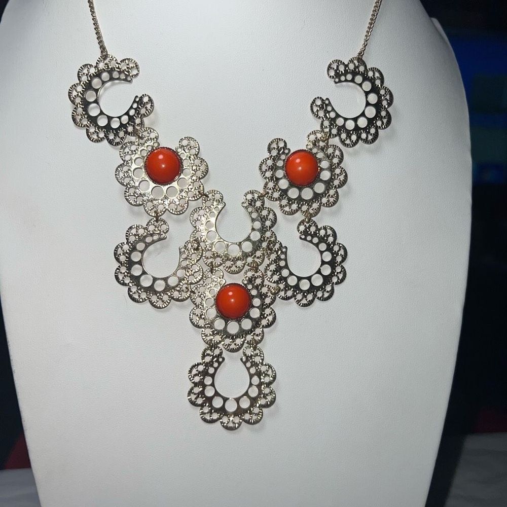 Ethnic Boho Filigree Gold Tone with Deep Orange Bead Statement Bib Necklace